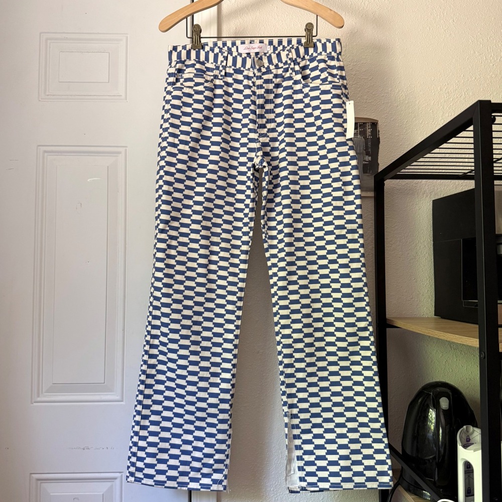 NWT LISA SAYS GAH blue white checker cotton denim straight leg pants